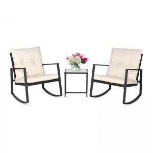 Outdoor 3-Piece Rocking Bistro Set: Black Wicker Furniture-Two Chairs with Glass Coffee Table (Beige Cushion)