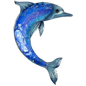 Металевий Дельфін Настінне мистецтво Відкритий висить Морський декор Синє скляна риба Скульптура для патіо, басейну або ванної кімнати