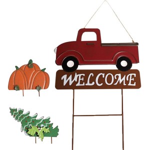 Hanging Train Welcome Sign with Pumpkin or Christmas Tree, 15″ Metal Train Yard Garden Stake Decor, DIY Thanksgiving Christmas Decorations Brand: MorTime