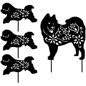 Метални градински статуи на кучета – Градинско изкуство със силует на куче, комплект от 4, декоративни градински колове за животни, орнаменти на двора на открито, подаръци за любителите на кучета