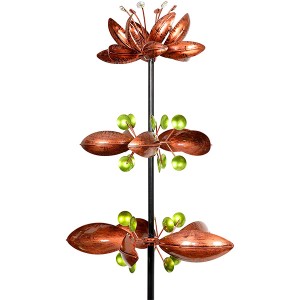 Triple Lotus Flower Vertical Wind Spinners Garden Stake in Bronze - 3 Flower Spinners in Bronze Metal Finish Spin - Yard Art Décor, 14 bij 66 inch