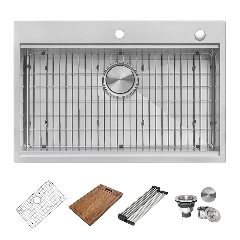 Wholesale Workstation Kitchen Sink Manufacturers –  Cheapest Price China Commercial Large Topmount Drop in Double Bowl Basin Handmade SUS304 Stainless Steel Kitchen Sink, Black Kitchen Sinks with Basket Strainer and Dish Grid  – EverPro detail pictures