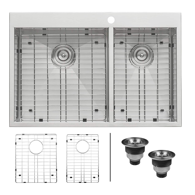 High-Quality Drop In Farm Sink Manufacturer –  Cheapest Price China Commercial Large Topmount Drop in Double Bowl Basin Handmade SUS304 Stainless Steel Kitchen Sink, Black Kitchen Sinks with Basket Strainer and Dish Grid  – EverPro detail pictures