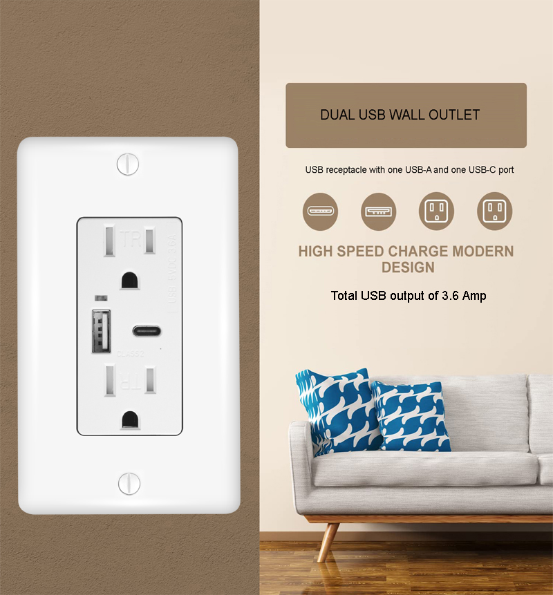 Faith UL Listed 15A/125V Duplex Tamper Resistant  Electrical Outlet with 3.6A/5V Type A And C USB Outlet Ports