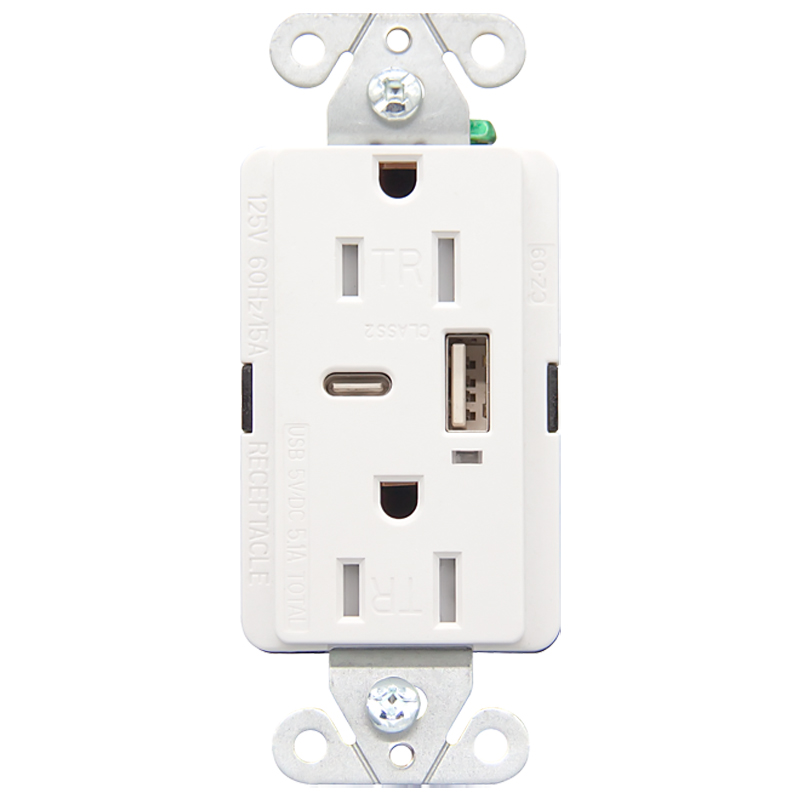 UL Listed  Duplex Tamper Resistant 5.1A/5V Type A And C USB Outlet Ports With Smart Chip