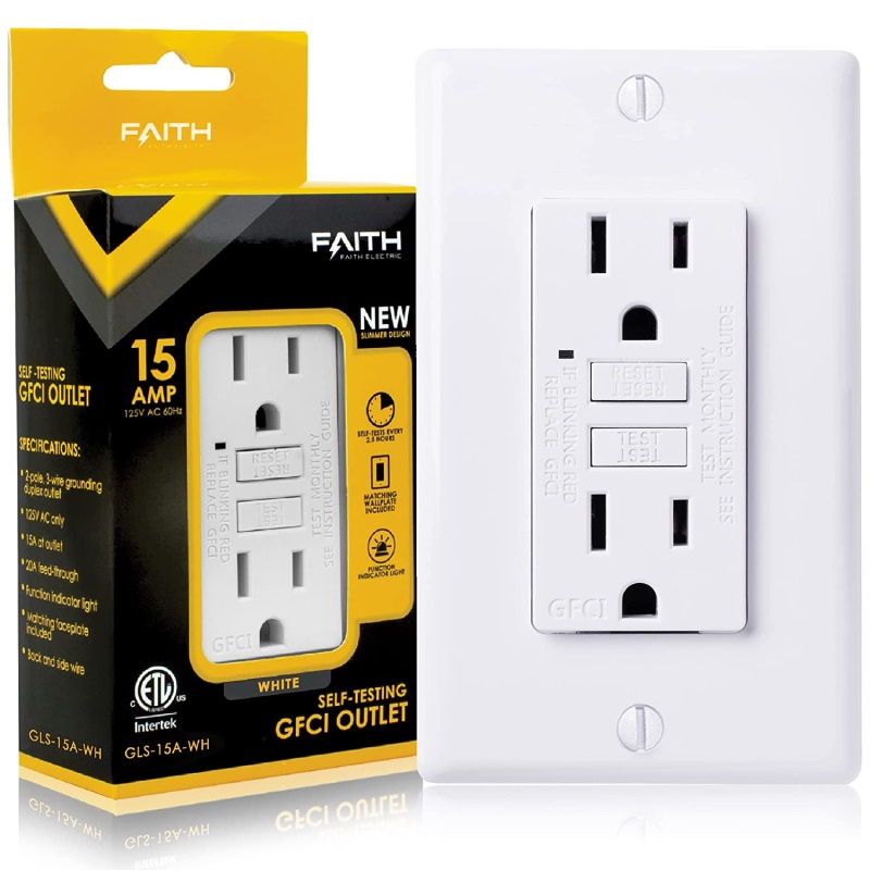 Faith GFCI Outlets 15 Amp Duplex GFCI Outlet, Self-Test with LED Light, Residential Grade, Residential Grade