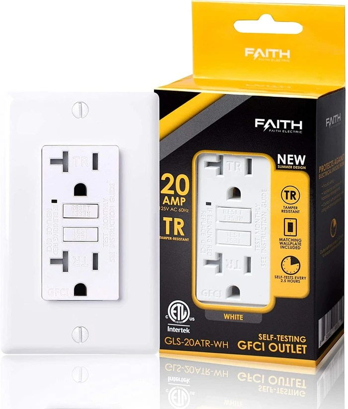 Faith GFCI Outlet 20 Amp Duplex GFCI Outlet, Self-Test with Wall Plate, Residential Grade