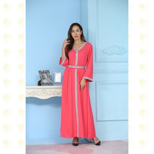 JK012 robe longue caftan pour femmes musulmanes en pierre brillante rose