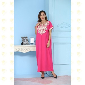 JK013 Pink Flower Brodery Muslim Women's Kaftan Lang Kjole