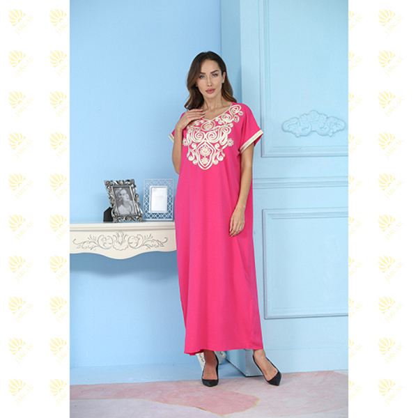 JK013 Pink Flower Embroidery Muslim Women's Kaftan Long Dress
