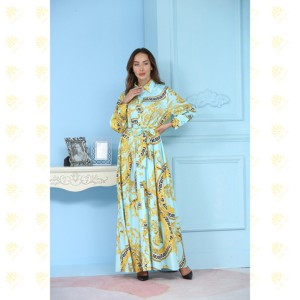 JK014 Hijau Full Flower Printing Wanita Cantik Kaftan Long Dress