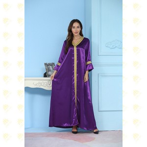 JK016 Lila, elegáns hímzésű arab női kaftán hosszú ruha sapkával
