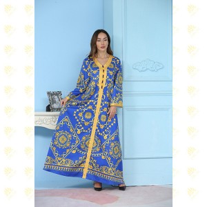 JK017 Blue Flower Elegant Embroidery Muslim Women's Kaftan Long Dress