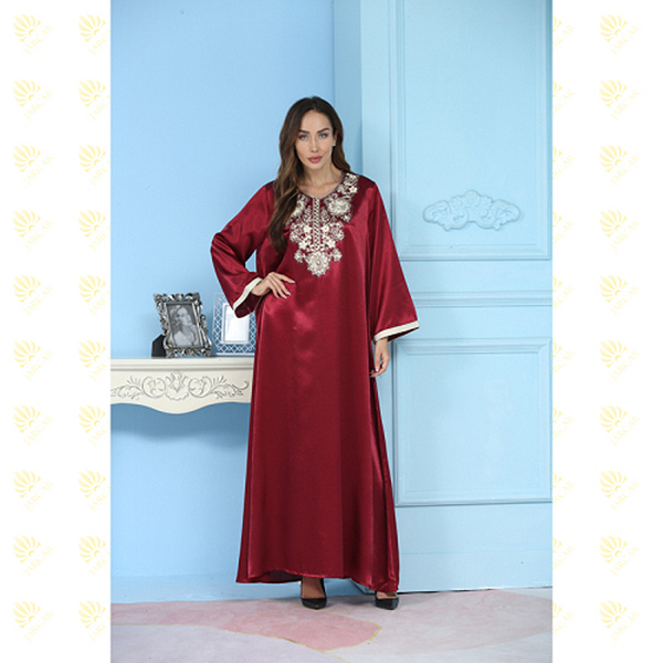 JK018 Deep Red Elegant Embroidery Muslim Kaftan Long Dress