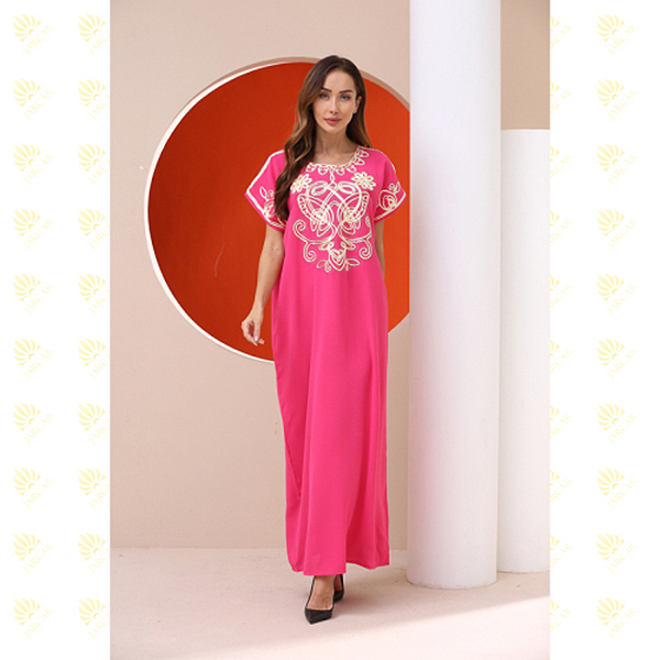 JK033 Pink Full Flower Embroidery Muslim Kaftan Long Dress