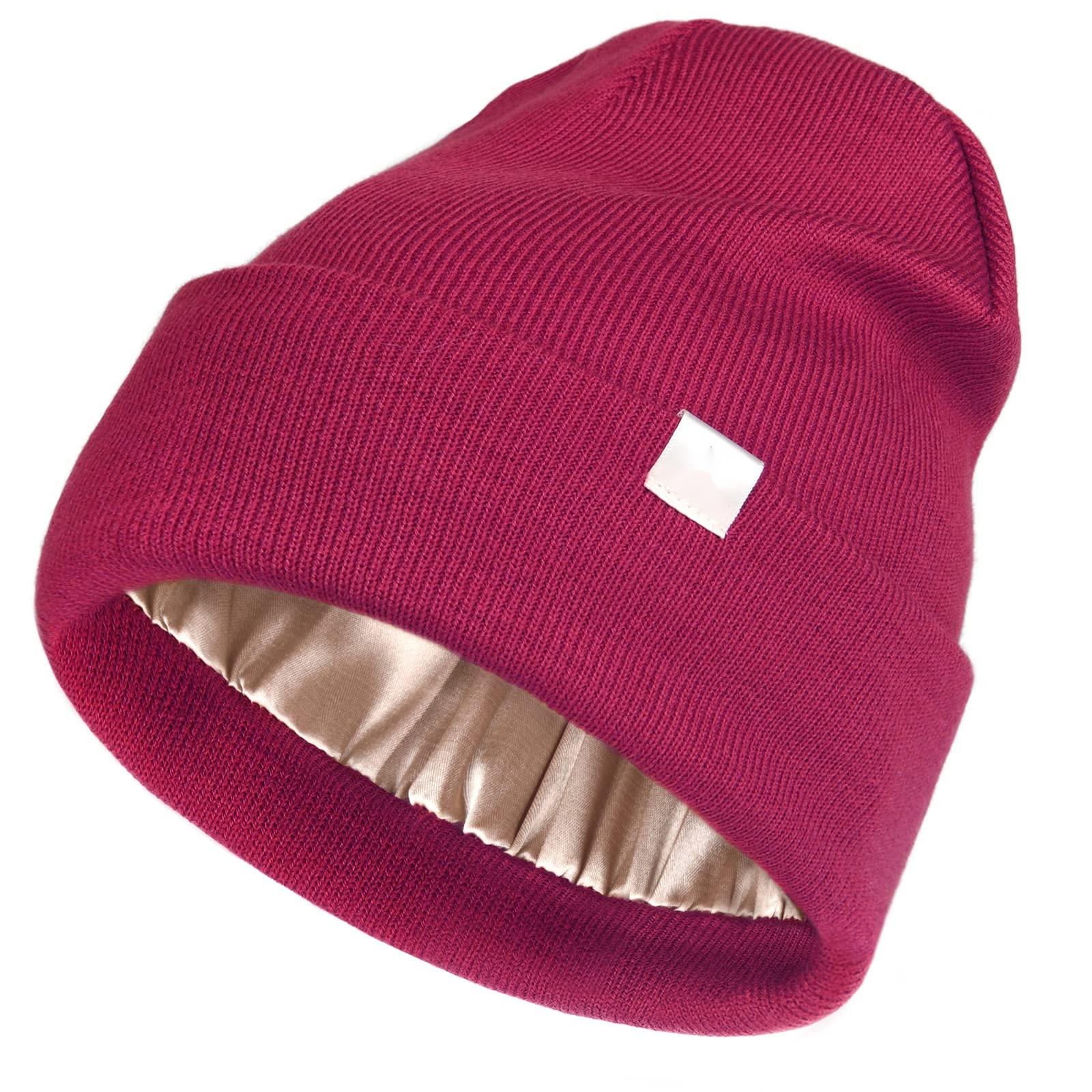 Womens Saitn Lined Knit Beanie Hat ຫມວກກັນໜາວ Acrylic