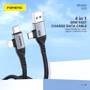 X92 1M 4-in-1 nga Metal Head Braided Cable (60W)