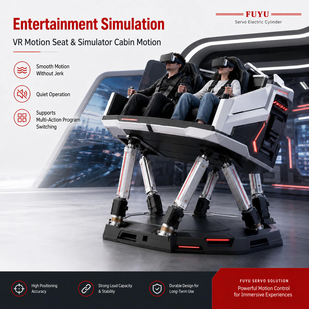 Equipamento de Realidade Virtual para Entretenimento, Servocilindro com Capacidade de Carga de 1000kg, Fuso de Esferas de 400mm/s, Movimento Linear, Atuador Elétrico em Linha e Paralelo.