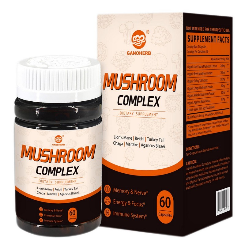 GANOHERB 6 in 1 Mushroom Complex – 800mg Supplement with Organic Fruiting Mushrooms Extract Featured Image