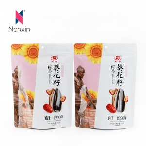 Lijo tse Tloaelehileng Kereiting ea Eco Friendly Reusable Zipper Stand Up Plastic Bested Mix Pouch Peanut Packing Nuts Packaging Bags Snack Bag