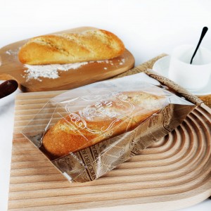 Embalatge d'aliments de fons pla petit blanc, galetes, embalatge de baguette, pa d'entrepà marró, bossa de paper kraft amb finestra clara