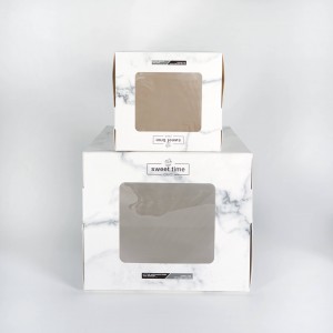 स्क्वेअर प्रगत तंत्रज्ञान संगमरवरी वाहक पिशव्या खिडकीसह पेपर केक बॉक्स