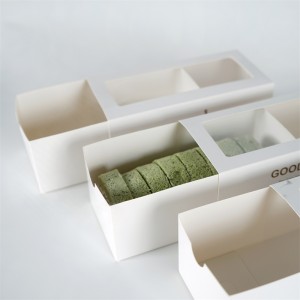 Piccole scatole di carta per rotoli di torta di macaron al cioccolato da forno bianche con cassetto bianco per fette di torta