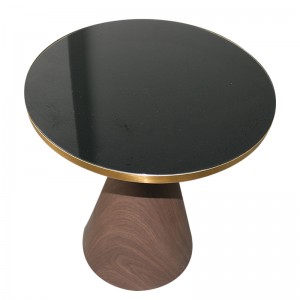 Round Glass Imitation Wood Grain Metal Coffee Side Table