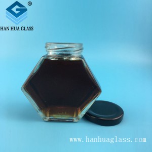 Шестострана стаклена тегла за џем од мед од 180 ml