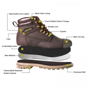 6 Inch Brown Goodyear Safety Shoes with Steel Toe and plate