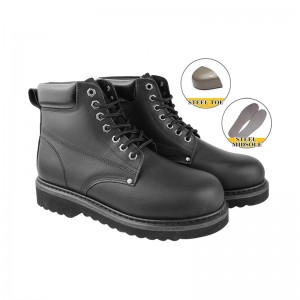 Black Goodyear Welt Grain Leather Shoes with Steel Toe and Midsole