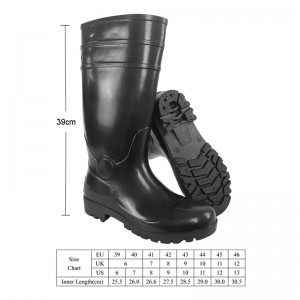 Çizme sigurie për shiun PVC të zeza ekonomike me majë çeliku dhe thembra