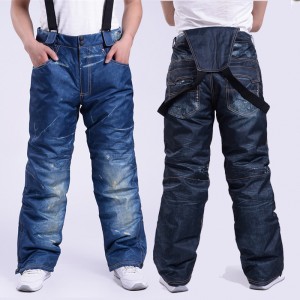Wholesale warm windproof thickened jeans ski pants Overalls with bib for men women