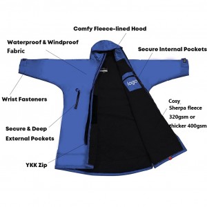 Custom Waterproof Long Sleeve Dry Surf Robe Swim Changing Robe Coat with Fleece Lining for Adult and Kids