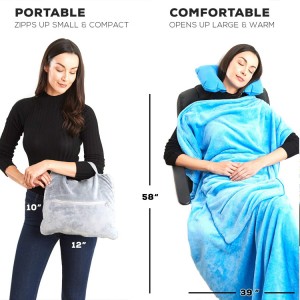 Portable Inflatable Travel Neck Pillow and Premium Soft Airplane Blanket with Built