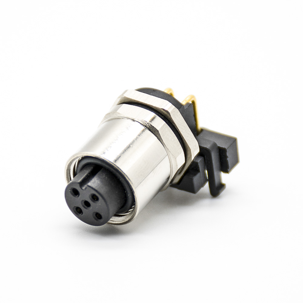 M12 female socket A Code 5 pin 90° PCB installation rear mount fastening waterproof connector