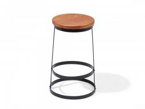 Kovová okrúhla barová stolička so sedákom z masívneho dreva