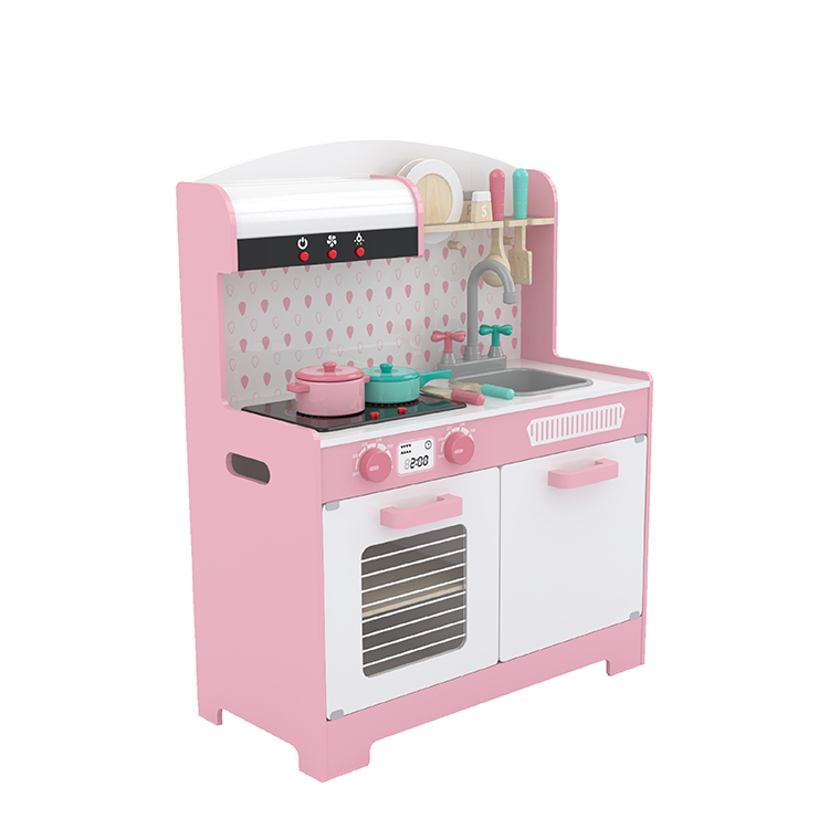 Мала соба розова кујна за играње | Дрвена реалистична играчка кујна со светла и звуци, електрични шпорети, фурна, кујнски кабинет | 3 години па нагоре