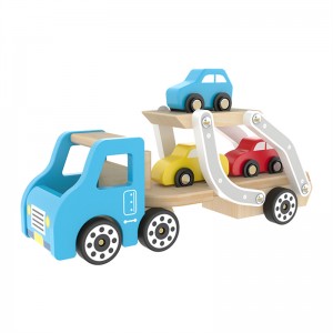 Little Room Gift Double Deck Garage Trailer Transporter Vehicles Model Wood Truck Accessories Kids wooden car toys With 3 Mini Fold Ramp