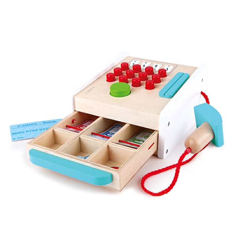 Little Room Wood Funny Supermarket Cash Register Educational Kitchen Toys Set For Kids With Coins Pretend Play scanner calculator children Featured Image