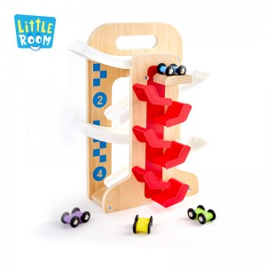 Trä Toddler Toy Switchback Racer Set, Bil Ramp Racer Leksaker med 4 minibilar