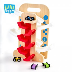 Joc de joguines de fusta per a nens petits, joguines de corredors de rampa de cotxes amb 4 cotxes mini