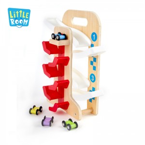 Conjunto de corrida em ziguezague para crianças de madeira, brinquedos de rampa para carro com 4 minicarros