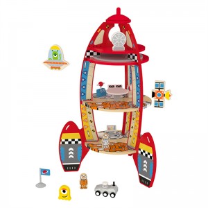 Little Room Twa Etap Toddler Rocket Ship Playset |Jwèt veso an bwa ak konsepsyon navèt espasyal lavi reyèl, moso nan sant espas fize ak aterisaj planèt la