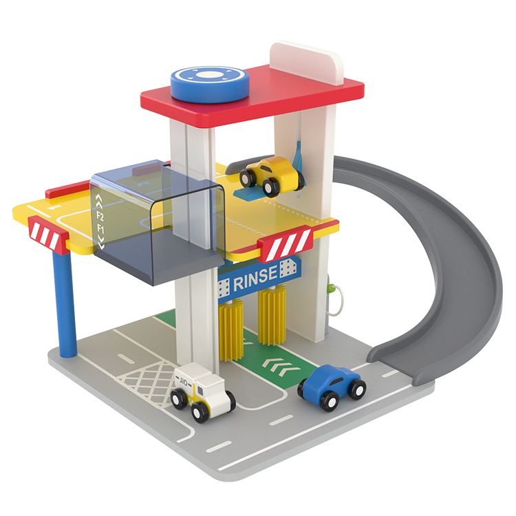 Little Room Kids Wooden Toy Car Garage Playset | Car Ramp with Two Parking Levels, 3 Toy Cars, an Elevator, Rinse Area, Repair Area and Fueling Station