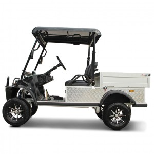 En golfvagn med en verktygslåda för att dumpa smuts, transportera hö eller bära verktyg runt din fastighet