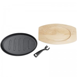 Wholesale Cast Iron Cookware Fajita Skillet Sizzler Plate Oval Sizzling Plate With Wooden Base