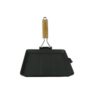 Wholesale High Quality Pre-seasoned Folding Cast Iron Grill Pan Skillets Square Shape With Wooden Handle