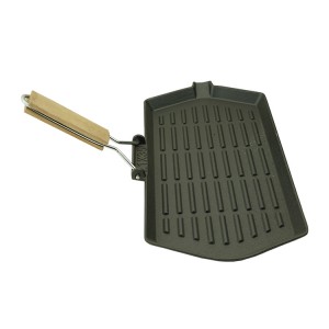 High Quality Pre-seasoned Vegetable Oil Foldable Cast Iron Grill Pan With Wooden Handle For Cast Iron Cookware