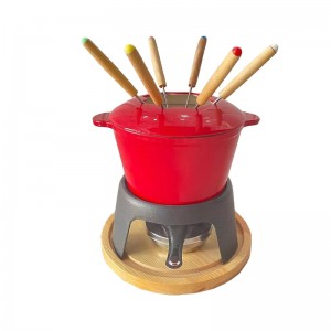 Super Lowest Price Wok Support - Red Enamel Portable Mini Cast Iron Meat Cheese Fondue Pot Set With Fork And Handle Cast Iron Fondue Set  – Chuihua